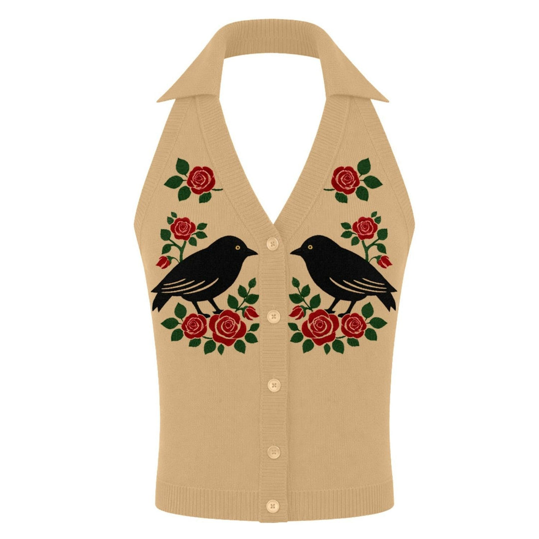 Dames Apricot Vintage Gebloemde en Vogel Jacquard Halter Gebreide Top