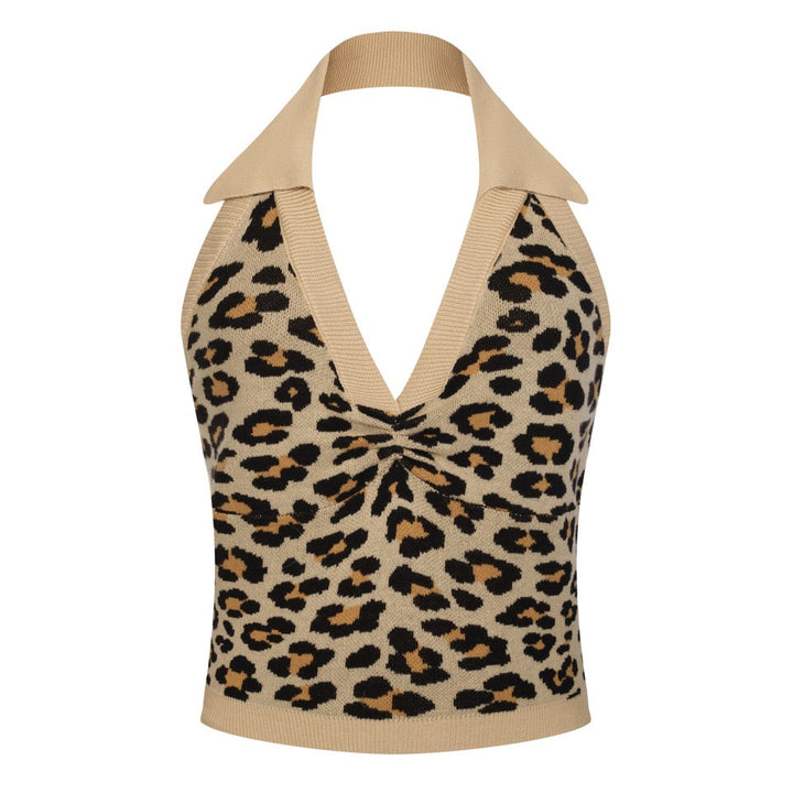Women's Light Khaki 70s Leopard Jacquard Halter Knit Vest