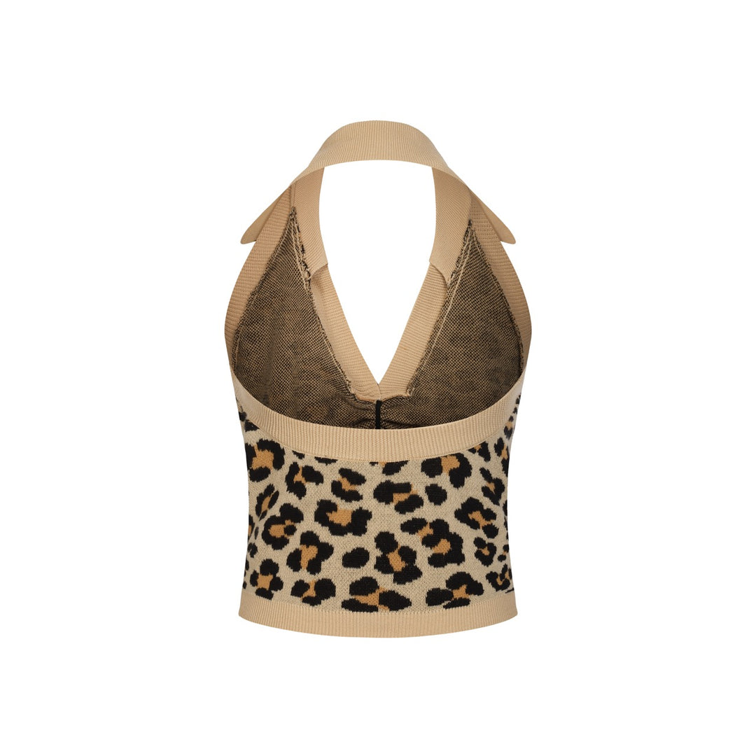 Women's Light Khaki 70s Leopard Jacquard Halter Knit Vest
