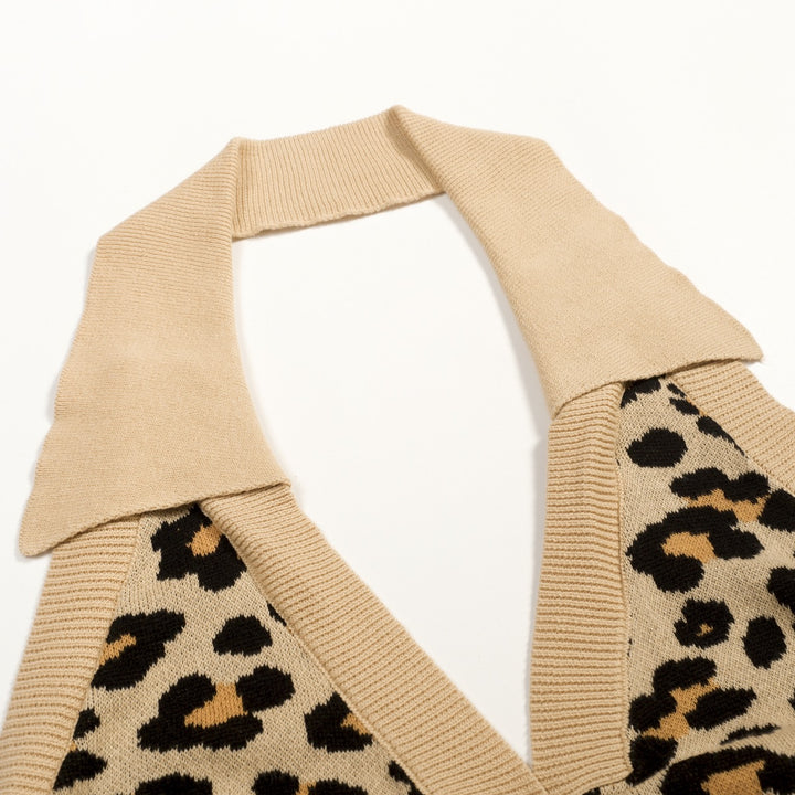 Women's Light Khaki 70s Leopard Jacquard Halter Knit Vest