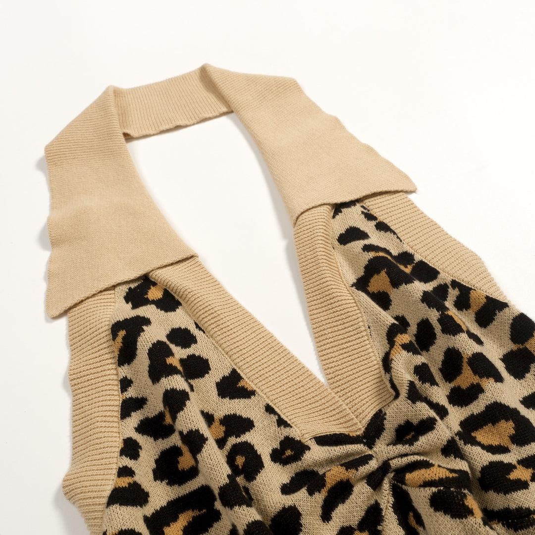 Women's Light Khaki 70s Leopard Jacquard Halter Knit Vest