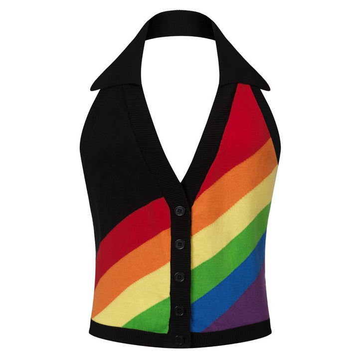 Women's Black Retro Pop Rainbow Halter Knit Vest