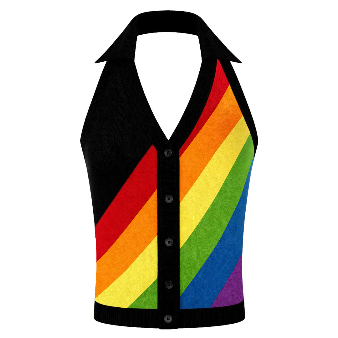 Dames Zwarte Retro Pop Regenboog Halter Gebreide Top