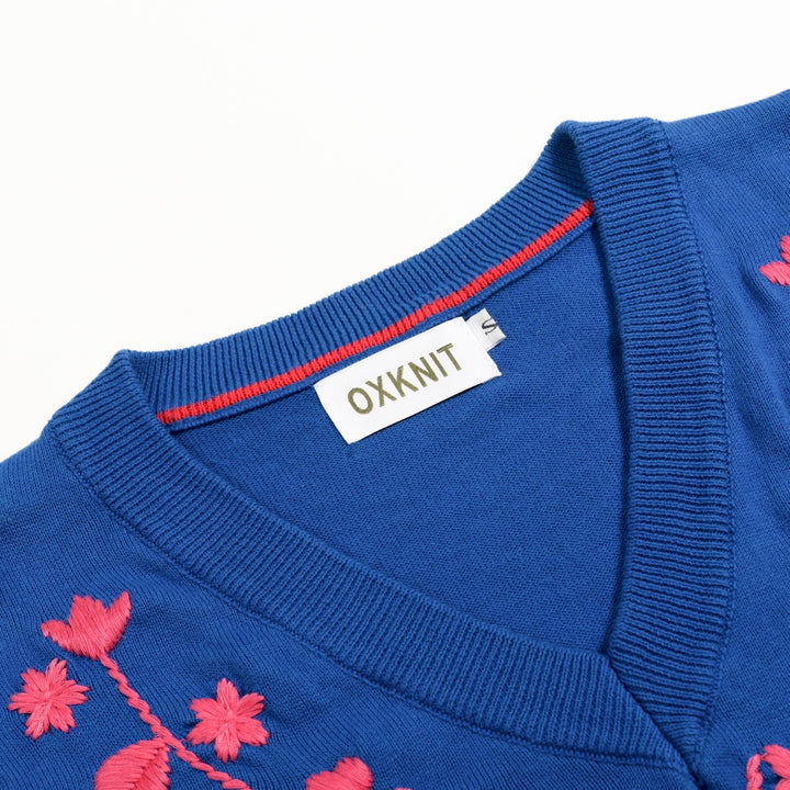 T-shirt tricoté à col en V pour femme, bleu, broderie florale années 70