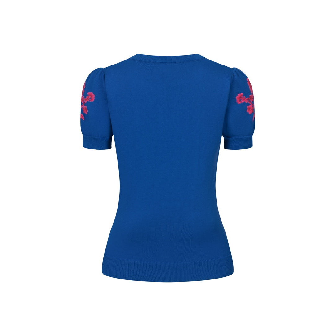 T-shirt tricoté à col en V pour femme, bleu, broderie florale années 70