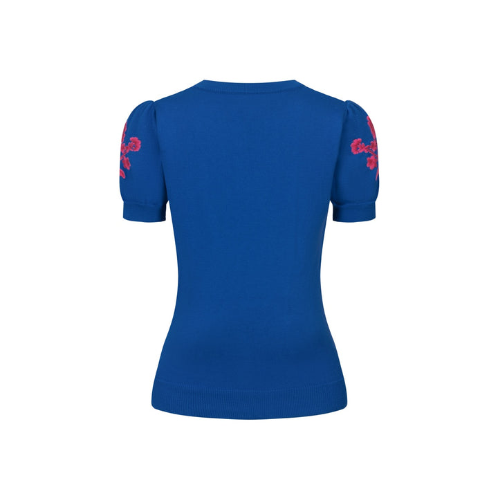 T-shirt tricoté à col en V pour femme, bleu, broderie florale années 70