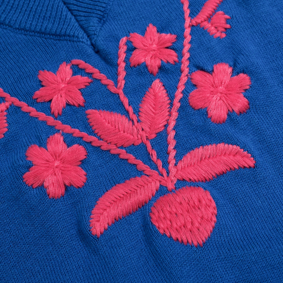 T-shirt tricoté à col en V pour femme, bleu, broderie florale années 70