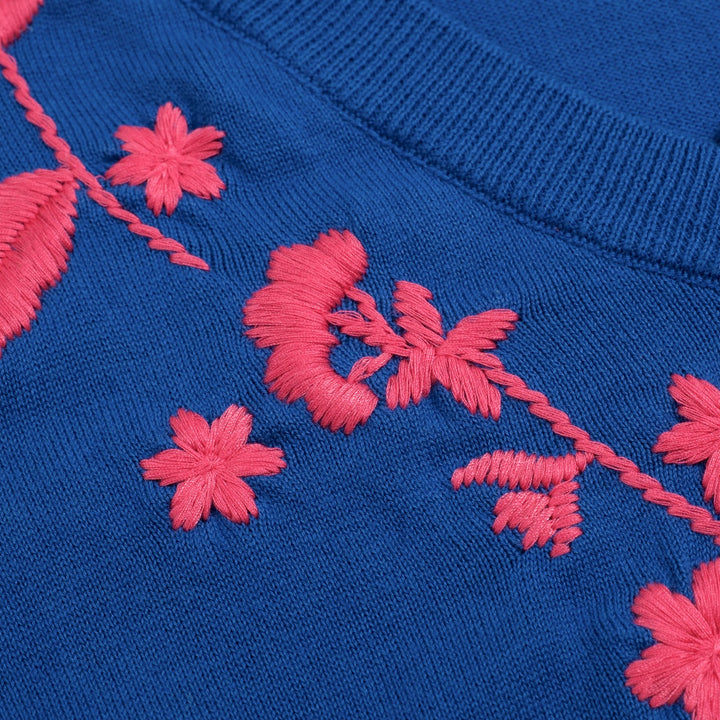 T-shirt tricoté à col en V pour femme, bleu, broderie florale années 70