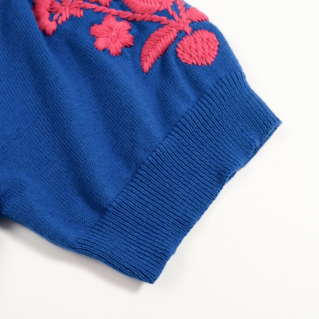 T-shirt tricoté à col en V pour femme, bleu, broderie florale années 70