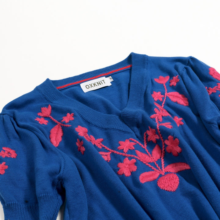 T-shirt tricoté à col en V pour femme, bleu, broderie florale années 70
