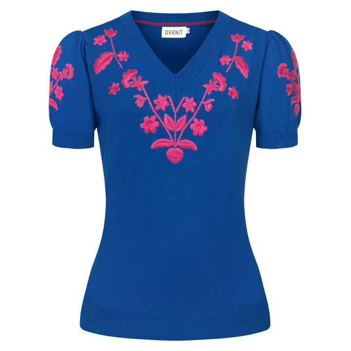 T-shirt tricoté à col en V pour femme, bleu, broderie florale années 70