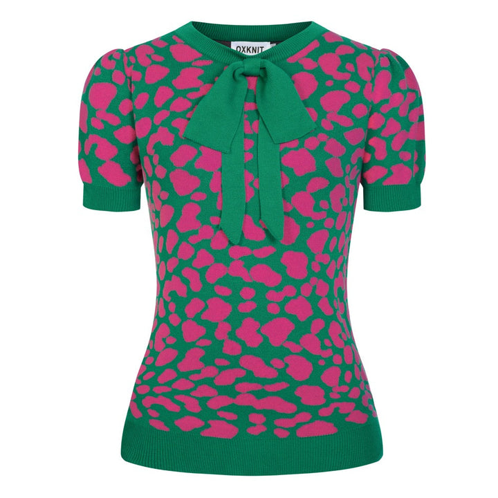 Maglietta da donna verde rétro con blocchi di colore, stampa leopardata e lavorazione jacquard con fiocco