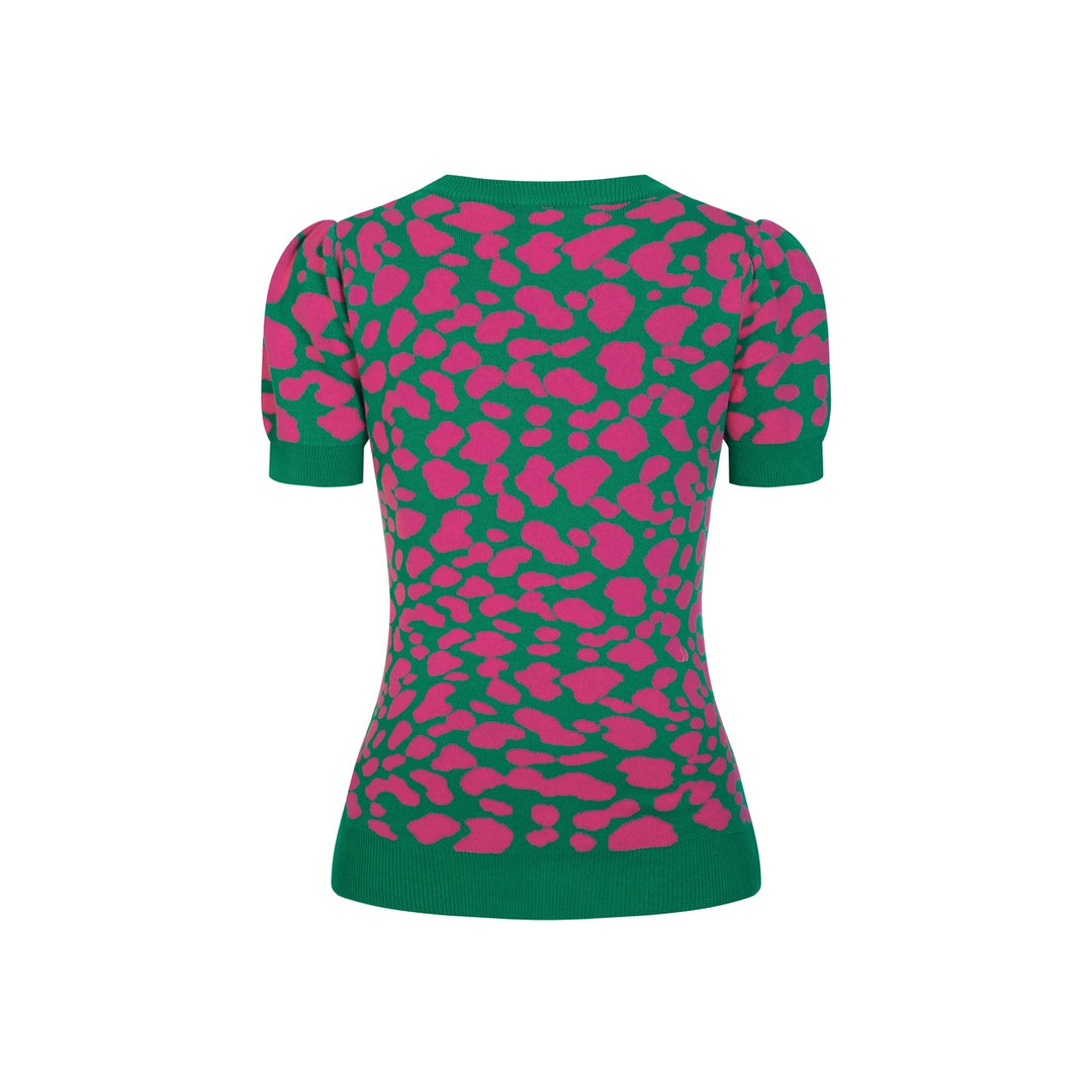 Maglietta da donna verde rétro con blocchi di colore, stampa leopardata e lavorazione jacquard con fiocco