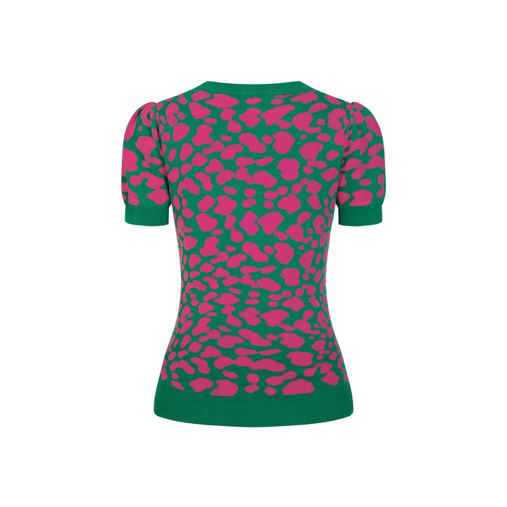 Maglietta da donna verde rétro con blocchi di colore, stampa leopardata e lavorazione jacquard con fiocco