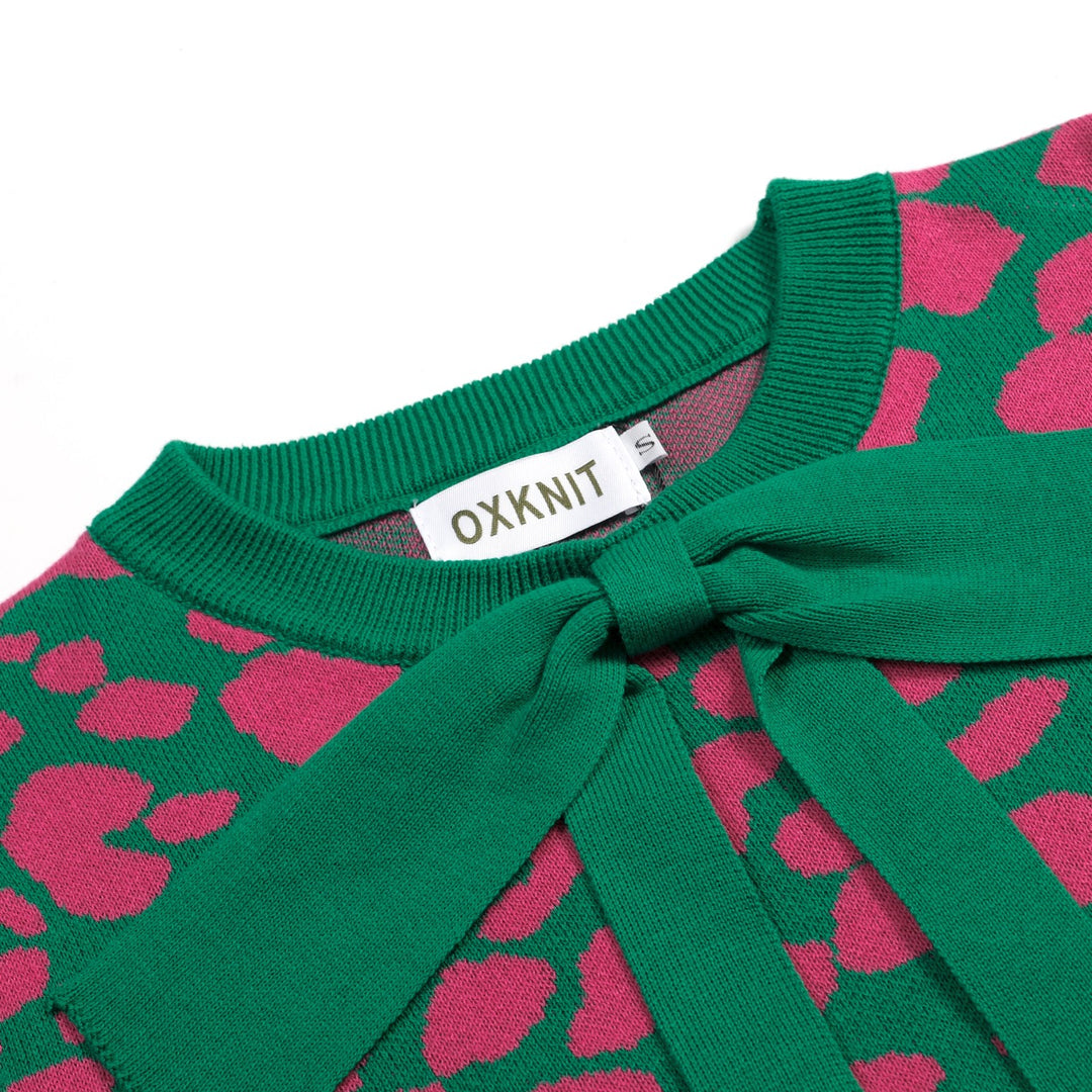 Maglietta da donna verde rétro con blocchi di colore, stampa leopardata e lavorazione jacquard con fiocco