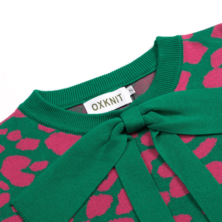 Maglietta da donna verde rétro con blocchi di colore, stampa leopardata e lavorazione jacquard con fiocco