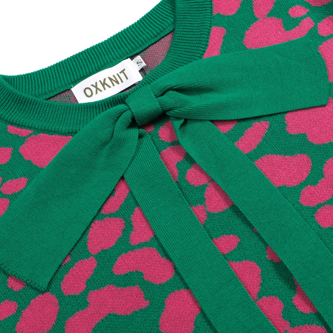 Maglietta da donna verde rétro con blocchi di colore, stampa leopardata e lavorazione jacquard con fiocco