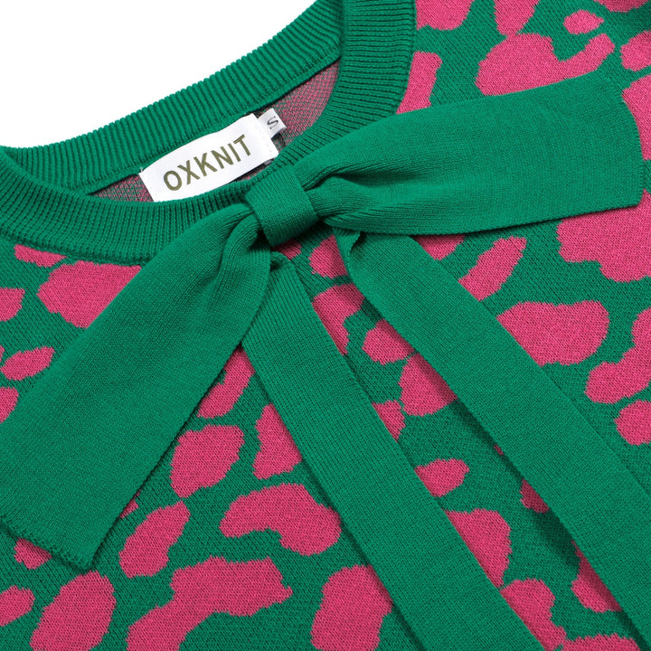 Maglietta da donna verde rétro con blocchi di colore, stampa leopardata e lavorazione jacquard con fiocco