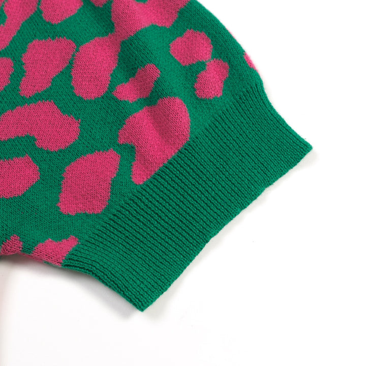Maglietta da donna verde rétro con blocchi di colore, stampa leopardata e lavorazione jacquard con fiocco