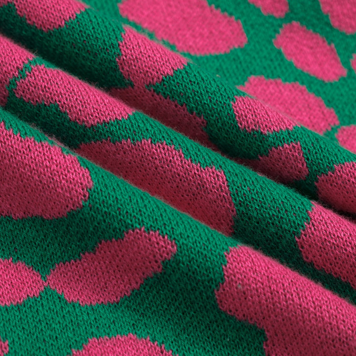 Maglietta da donna verde rétro con blocchi di colore, stampa leopardata e lavorazione jacquard con fiocco
