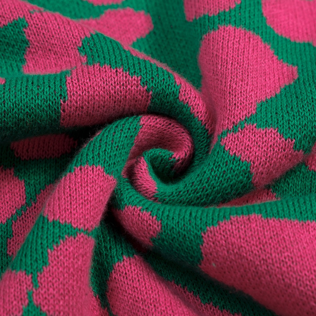 Maglietta da donna verde rétro con blocchi di colore, stampa leopardata e lavorazione jacquard con fiocco