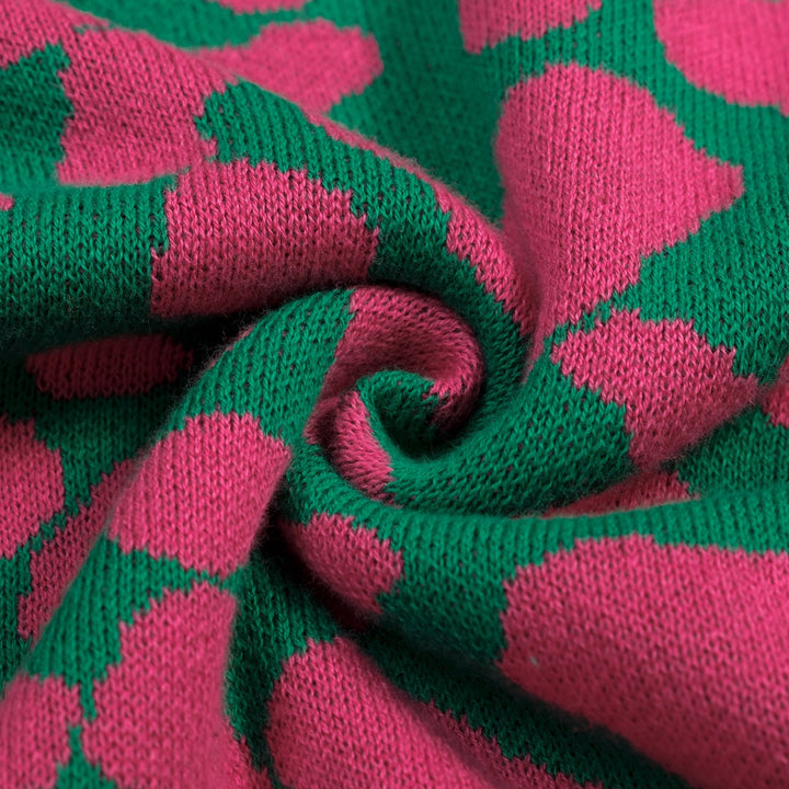 Maglietta da donna verde rétro con blocchi di colore, stampa leopardata e lavorazione jacquard con fiocco