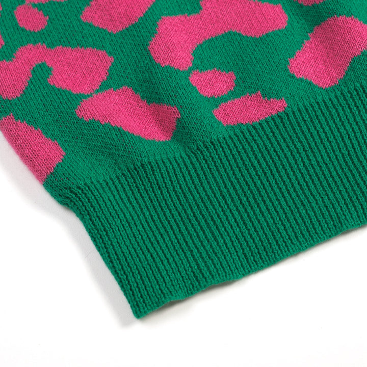 Maglietta da donna verde rétro con blocchi di colore, stampa leopardata e lavorazione jacquard con fiocco