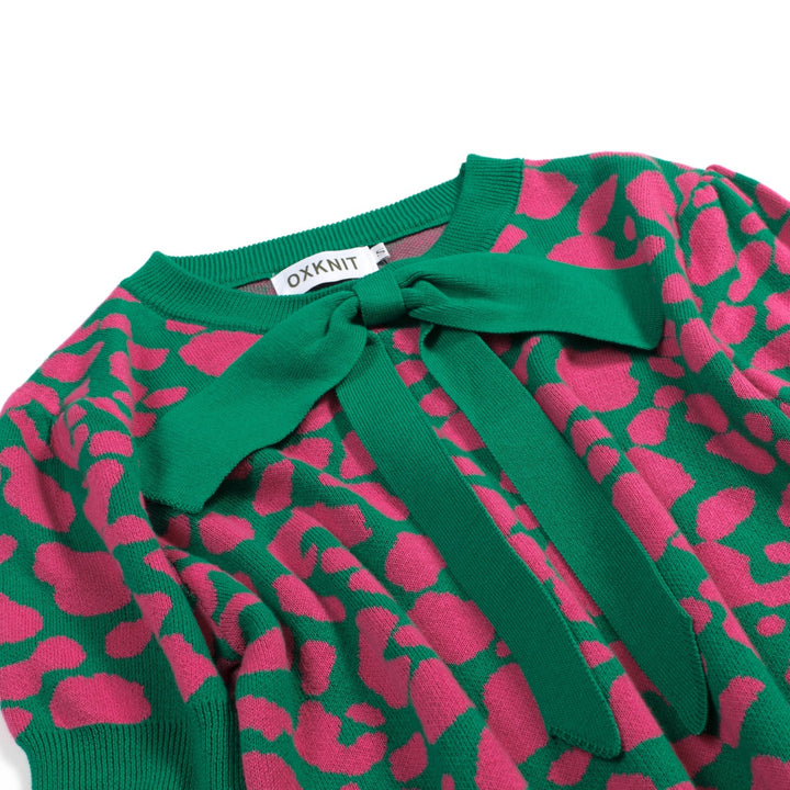 Maglietta da donna verde rétro con blocchi di colore, stampa leopardata e lavorazione jacquard con fiocco