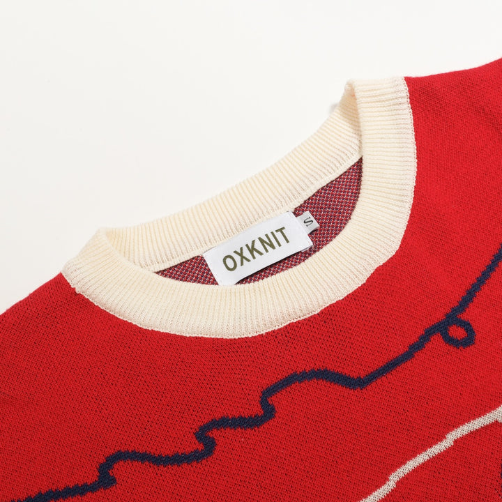 T-shirt tricoté rouge rétro pour femme avec broderie poisson amusante