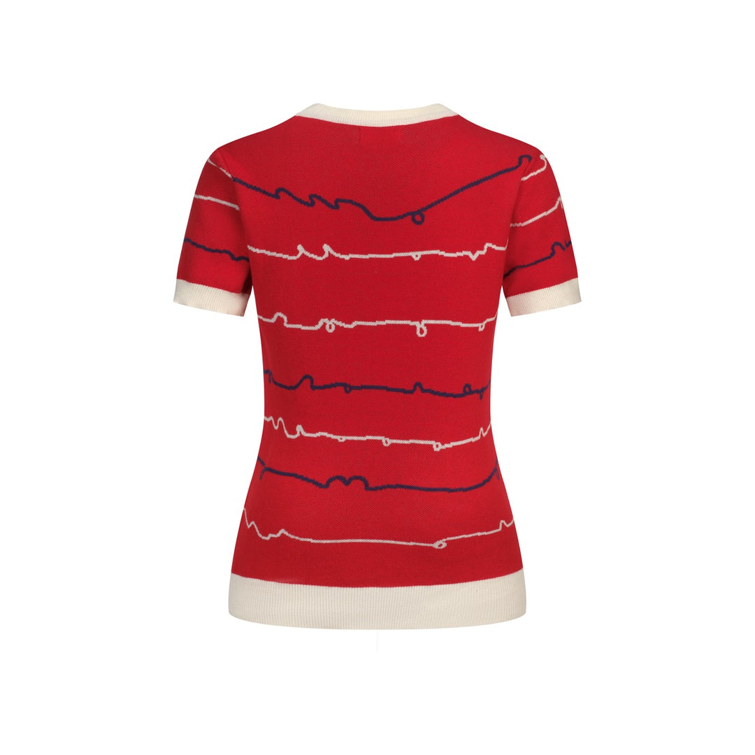 T-shirt tricoté rouge rétro pour femme avec broderie poisson amusante