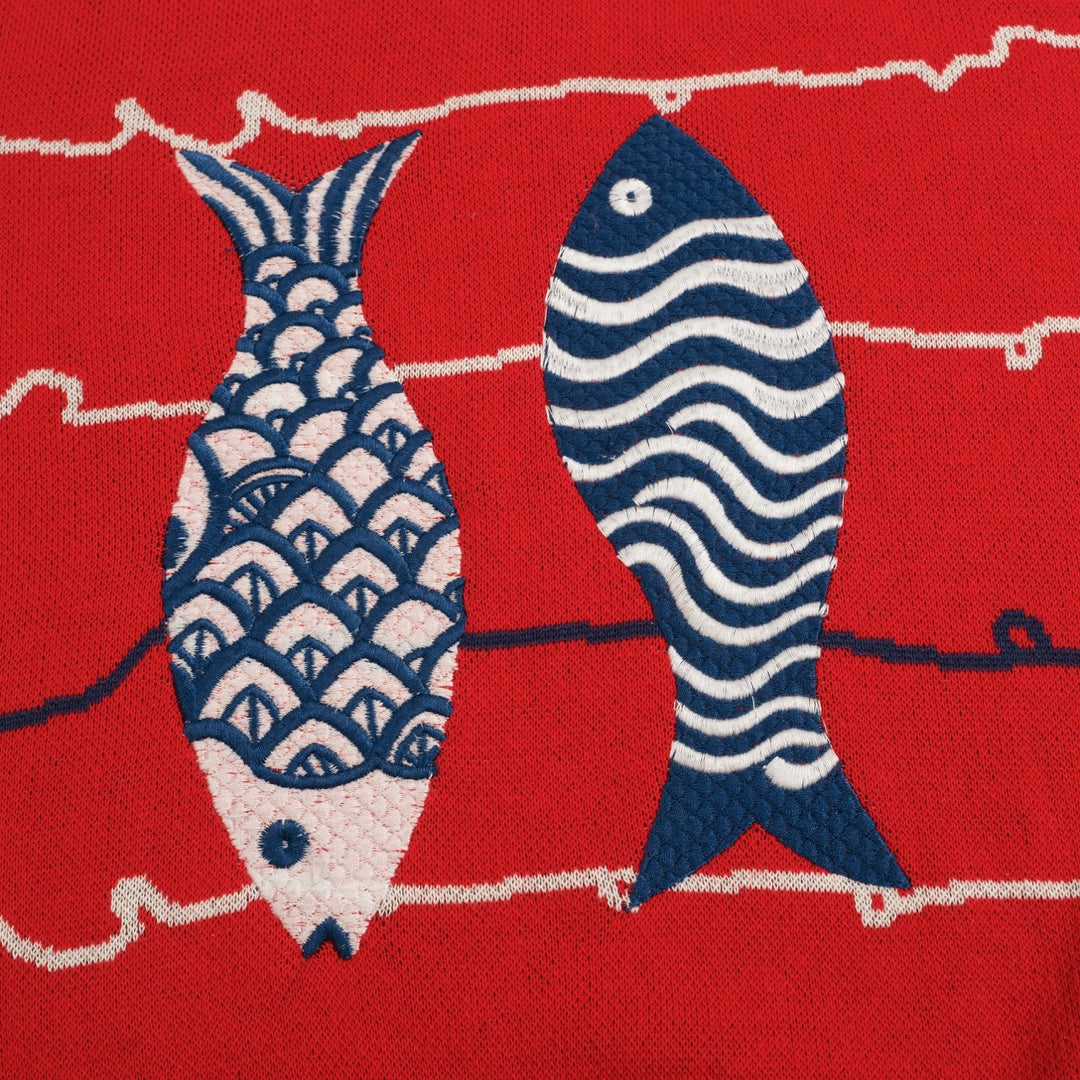 T-shirt tricoté rouge rétro pour femme avec broderie poisson amusante