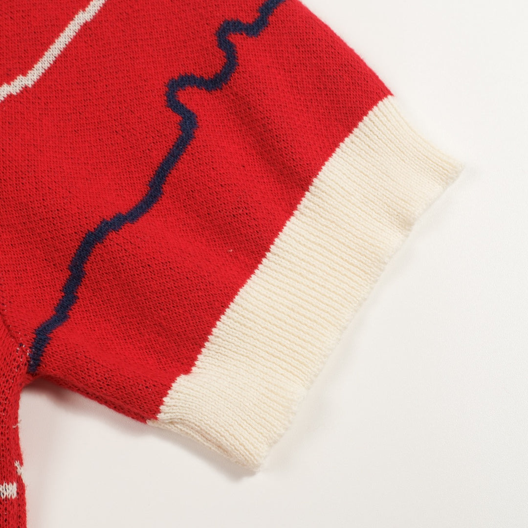 T-shirt tricoté rouge rétro pour femme avec broderie poisson amusante