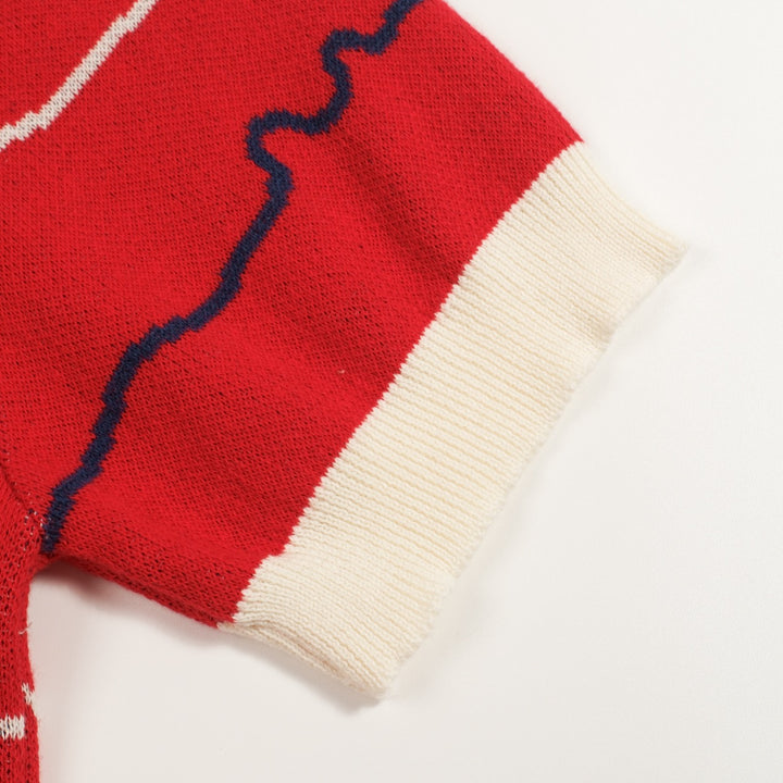 T-shirt tricoté rouge rétro pour femme avec broderie poisson amusante