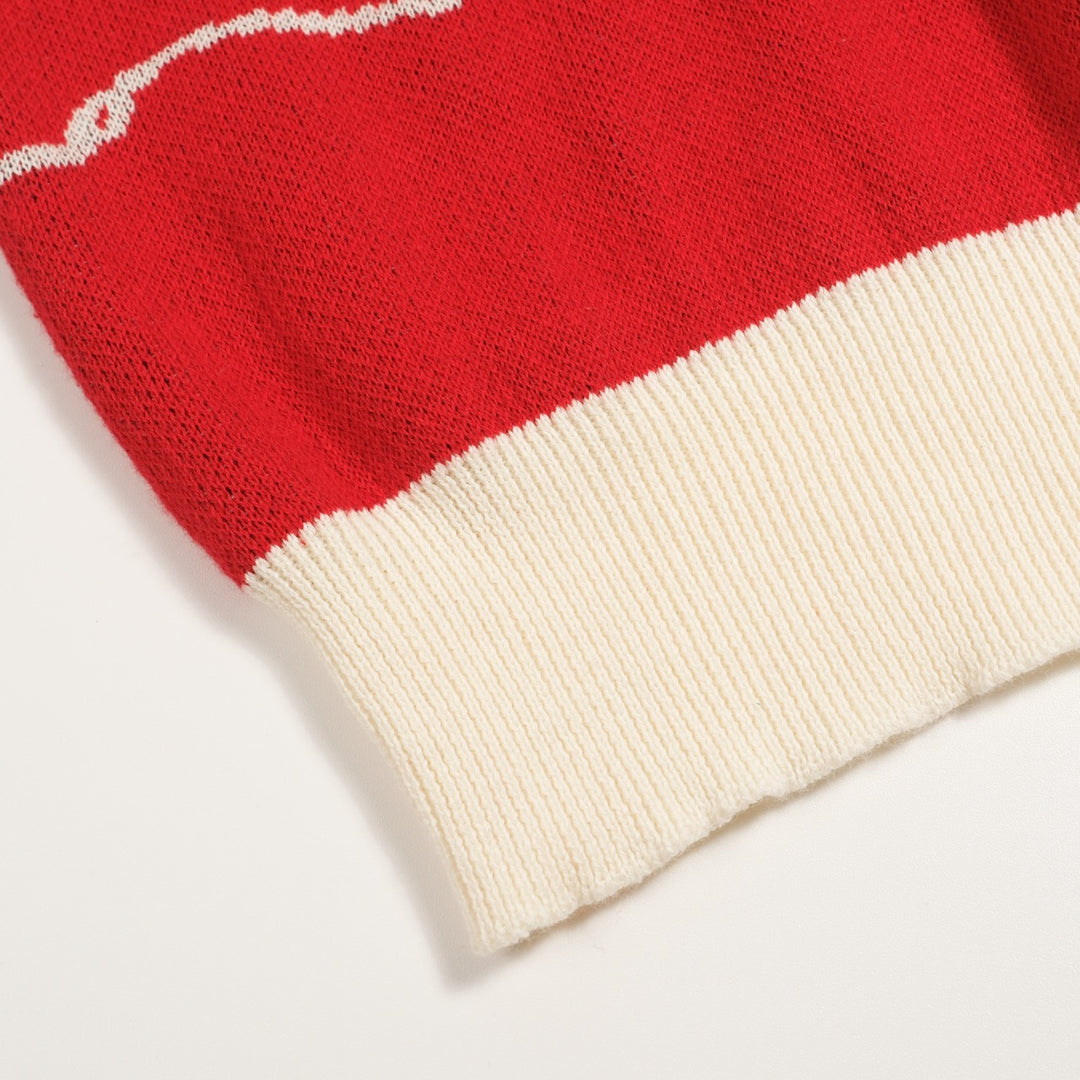 T-shirt tricoté rouge rétro pour femme avec broderie poisson amusante