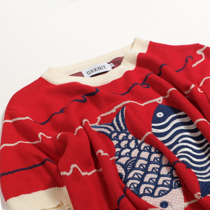 T-shirt tricoté rouge rétro pour femme avec broderie poisson amusante