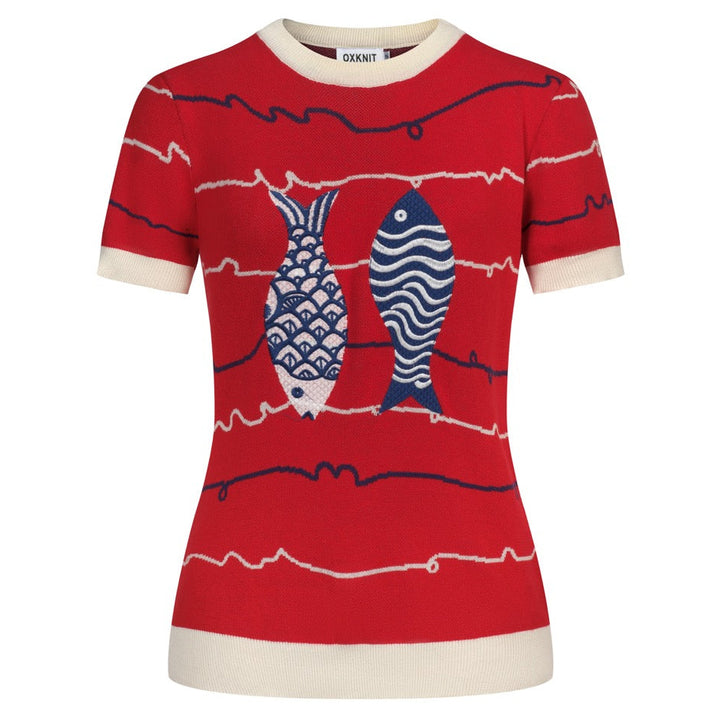 T-shirt tricoté rouge rétro pour femme avec broderie poisson amusante