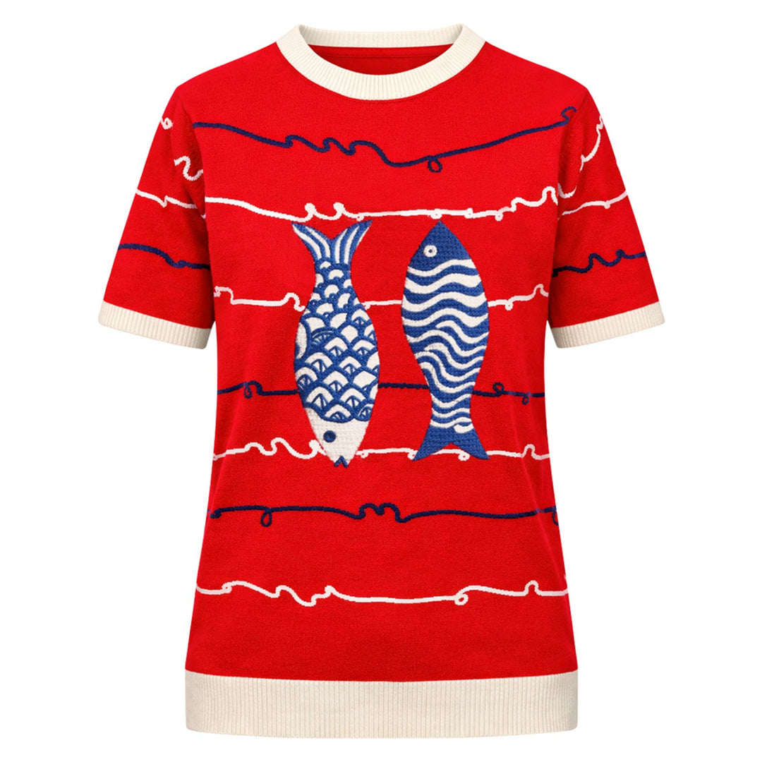 Dames Rode Retro T-shirt met Geborduurde Vissen