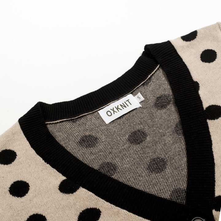Cardigan T-shirt en maille à pois jacquard des années 70 pour femme, kaki, avec ceinture à nouer