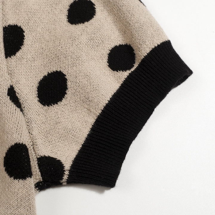 Cardigan T-shirt en maille à pois jacquard des années 70 pour femme, kaki, avec ceinture à nouer
