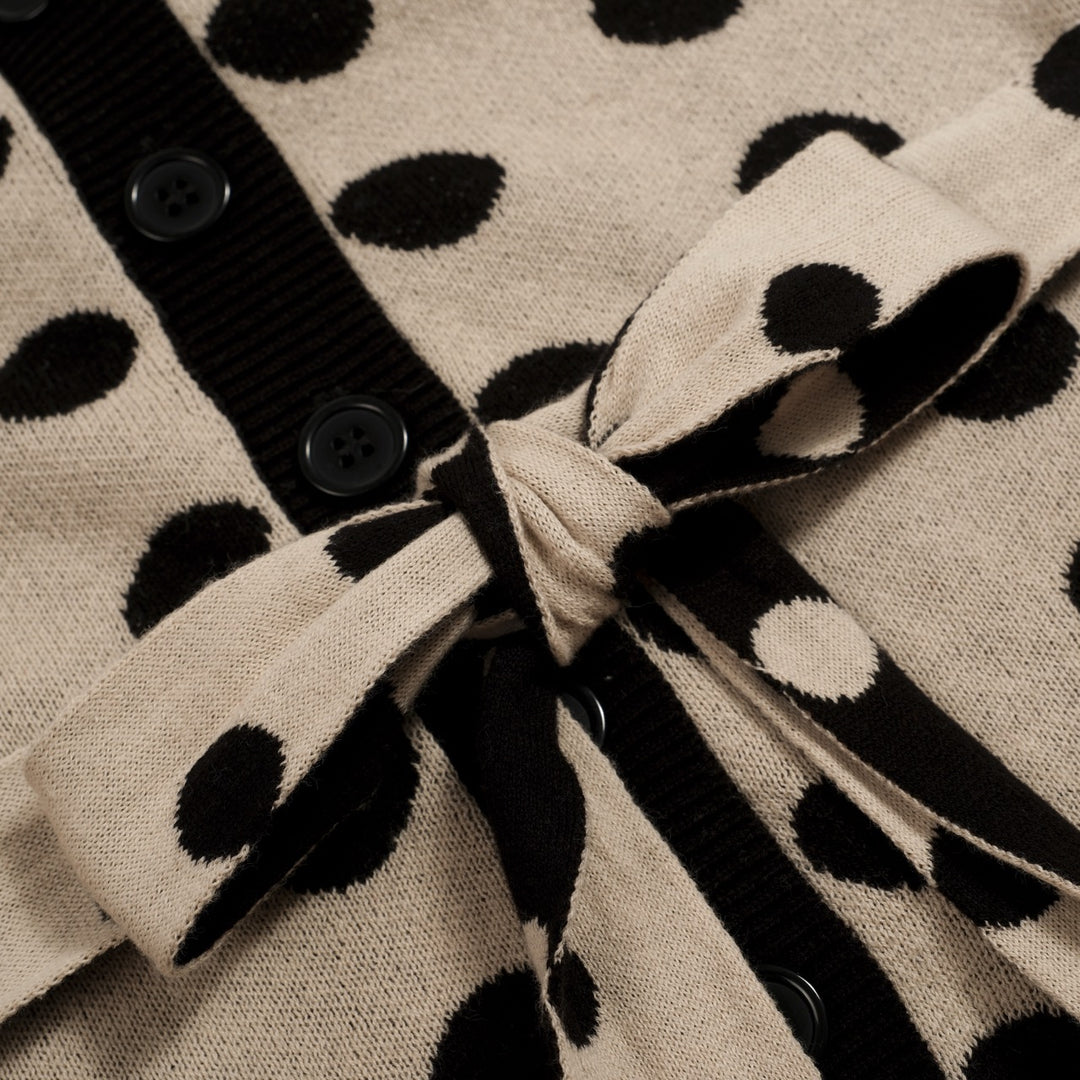 Cardigan T-shirt en maille à pois jacquard des années 70 pour femme, kaki, avec ceinture à nouer