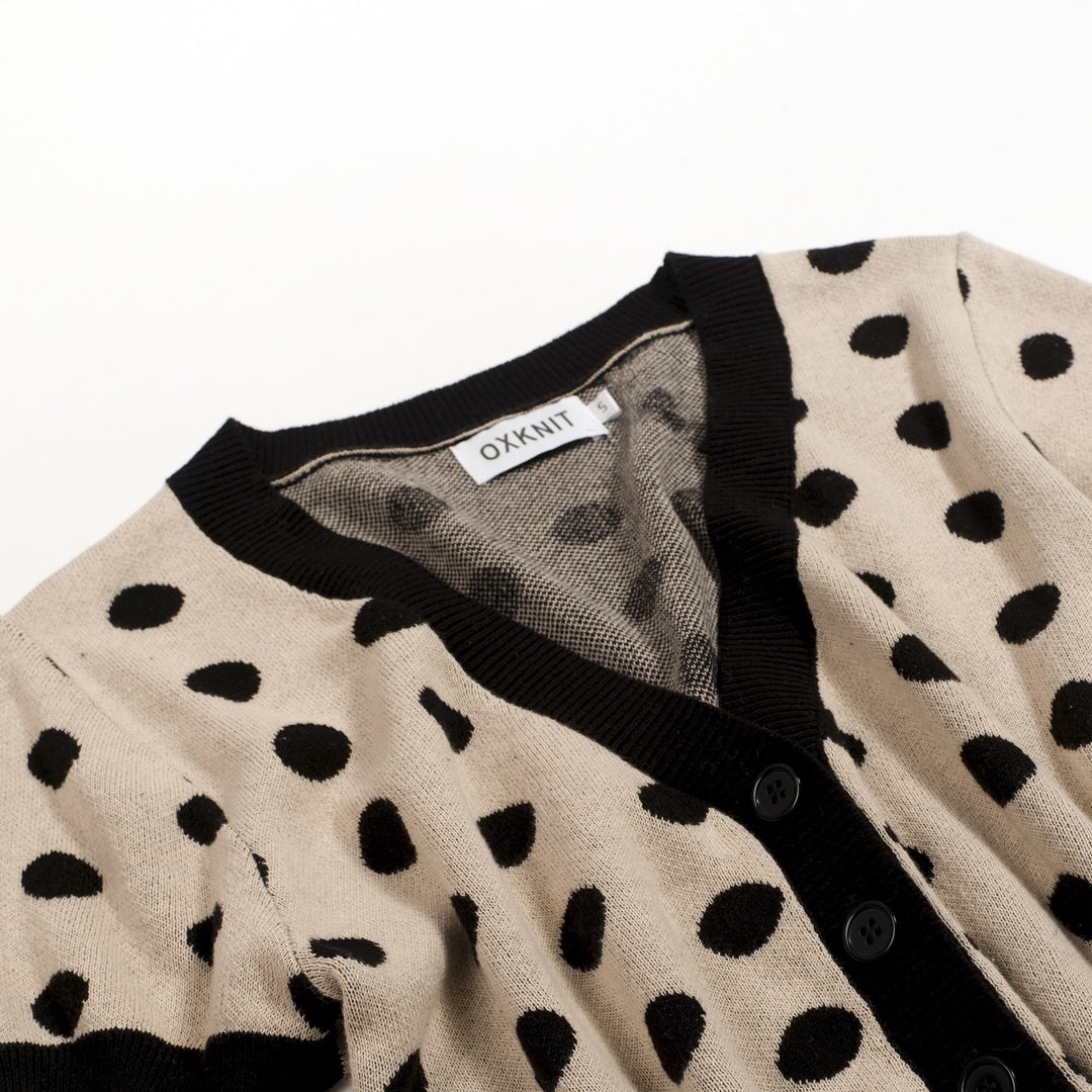Cardigan T-shirt en maille à pois jacquard des années 70 pour femme, kaki, avec ceinture à nouer