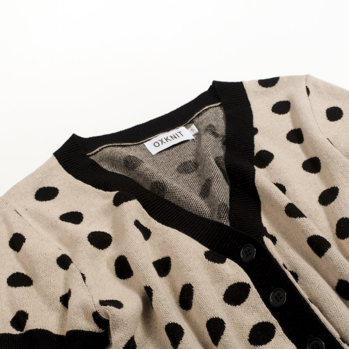 Cardigan T-shirt en maille à pois jacquard des années 70 pour femme, kaki, avec ceinture à nouer