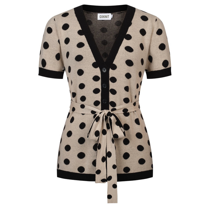 Cardigan T-shirt en maille à pois jacquard des années 70 pour femme, kaki, avec ceinture à nouer