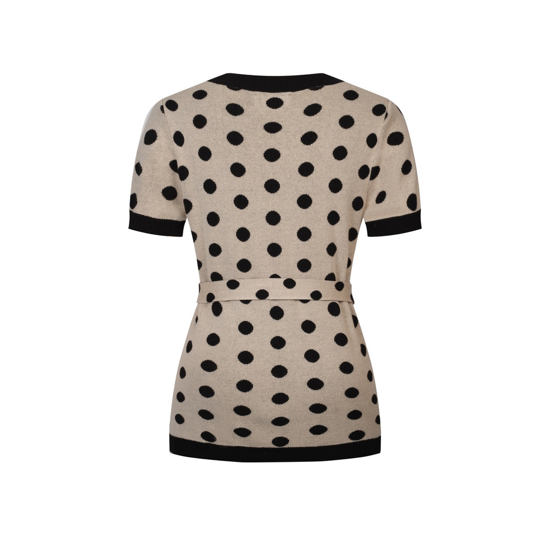 Cardigan T-shirt en maille à pois jacquard des années 70 pour femme, kaki, avec ceinture à nouer