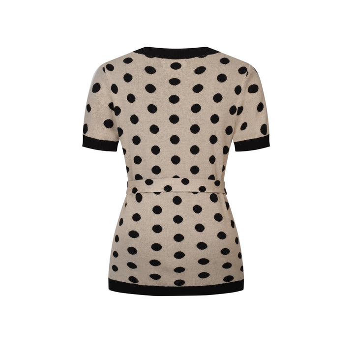 Cardigan T-shirt en maille à pois jacquard des années 70 pour femme, kaki, avec ceinture à nouer