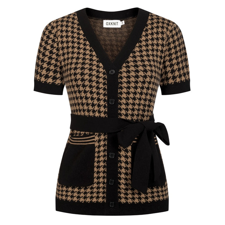 Maglia Cardigan Donna in Jacquard Pied de Poule Anni '70 con Cintura in Vita, Colore Kaki