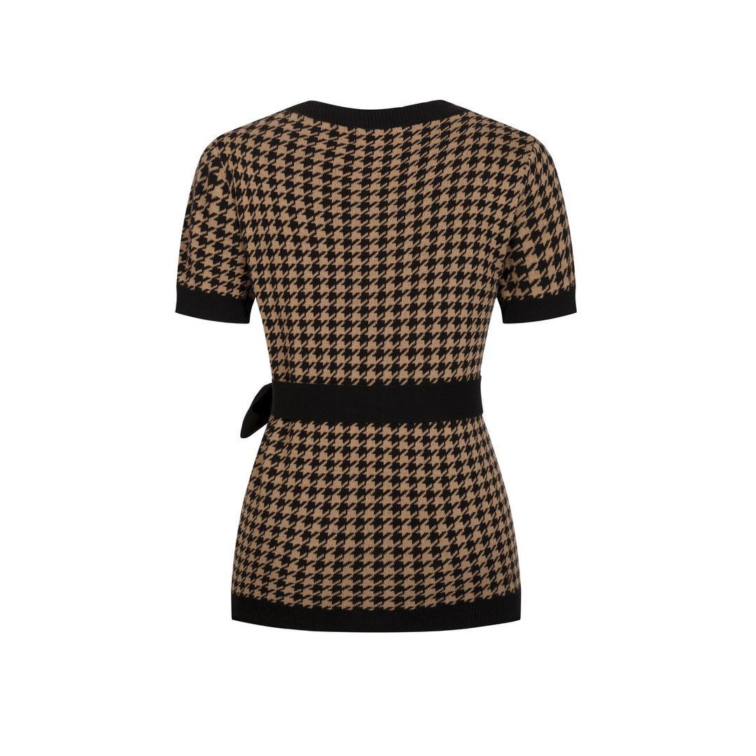 Maglia Cardigan Donna in Jacquard Pied de Poule Anni '70 con Cintura in Vita, Colore Kaki