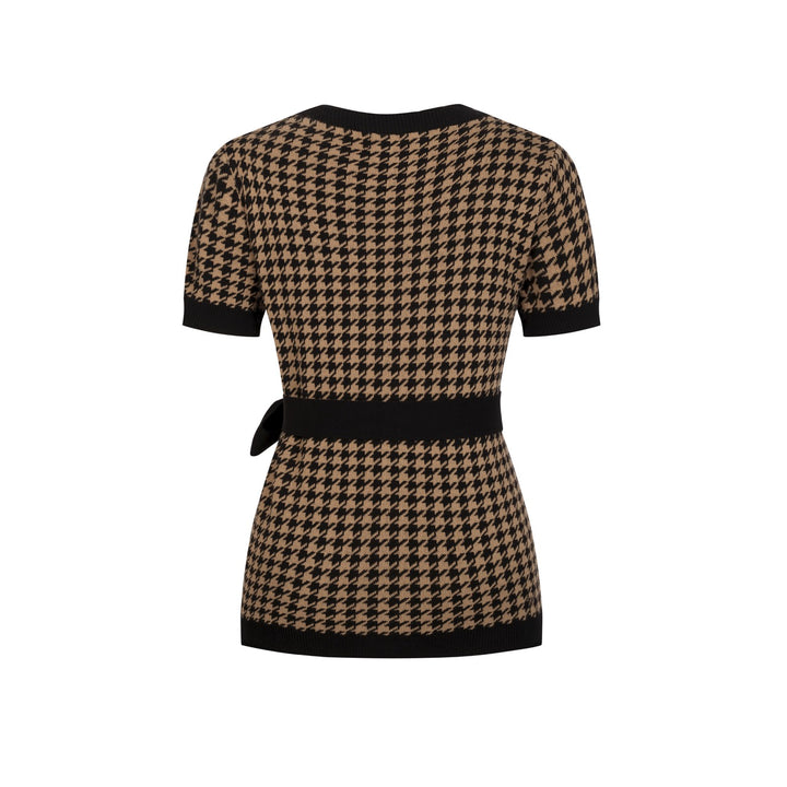 Maglia Cardigan Donna in Jacquard Pied de Poule Anni '70 con Cintura in Vita, Colore Kaki
