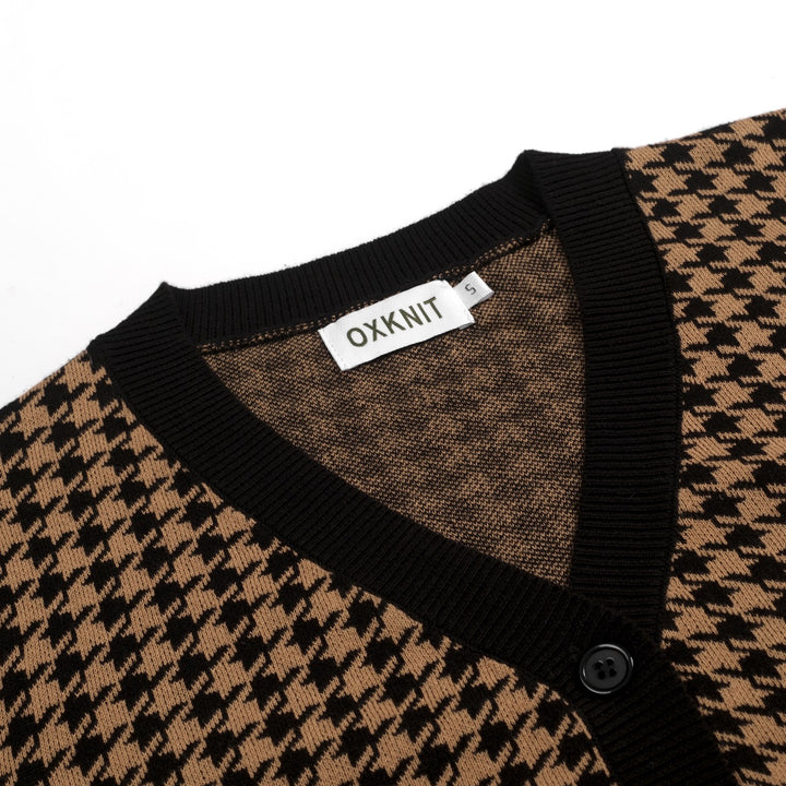 Maglia Cardigan Donna in Jacquard Pied de Poule Anni '70 con Cintura in Vita, Colore Kaki