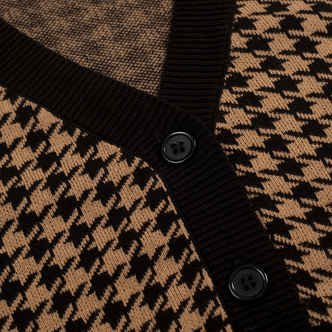 Maglia Cardigan Donna in Jacquard Pied de Poule Anni '70 con Cintura in Vita, Colore Kaki